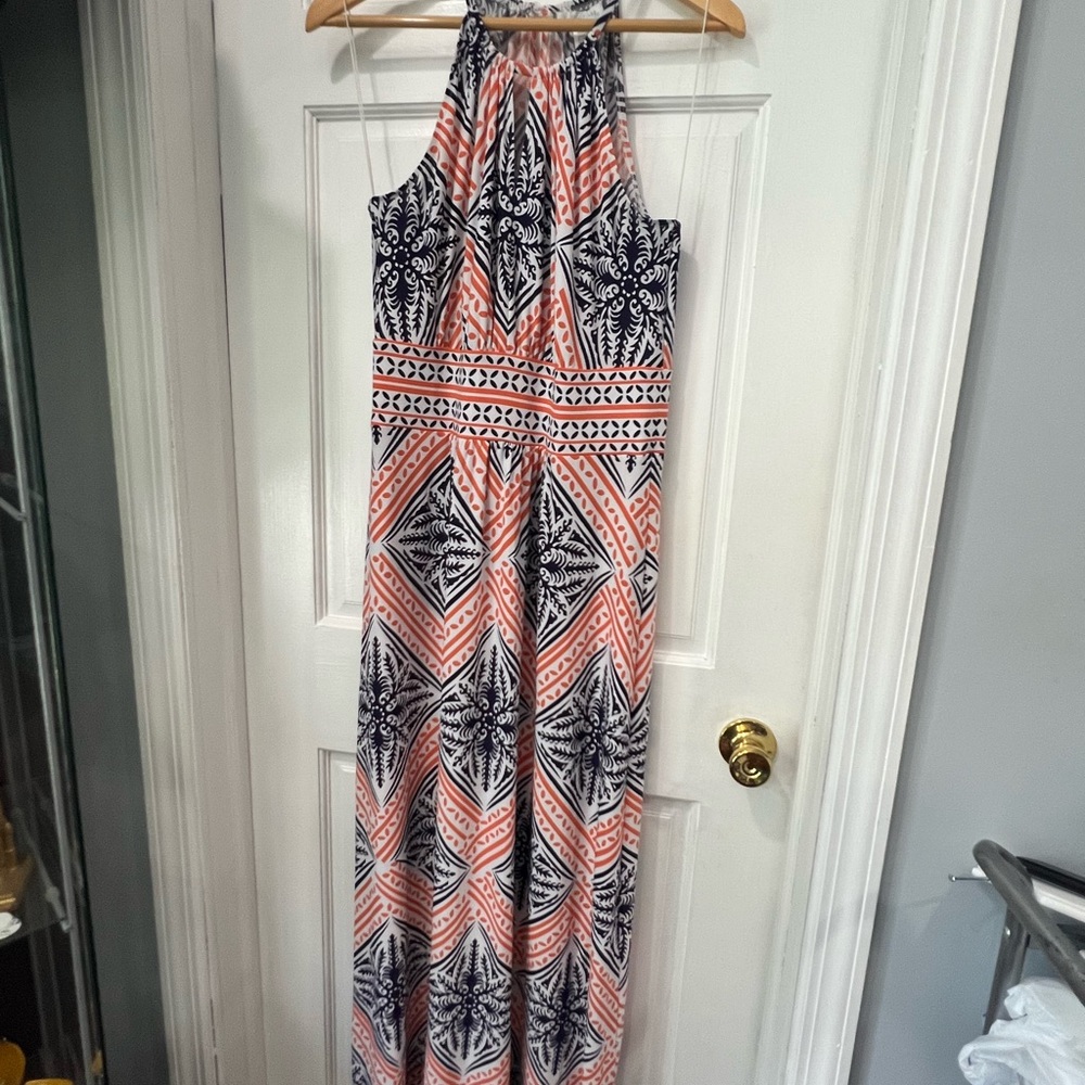 London Times Navy and Coral Maxi Dress